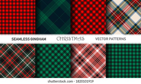 Seamless vector plaid patterns. Set of Christmas tartan gingham patterns. Collection of happy new year traditional backgrounds. For packaging, fabric, textile, cover etc.