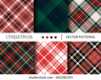 Seamless Vector Plaid Patterns. Set Of Christmas Tartan Patterns. Collection Of Happy New Year Traditional Backgrounds. For Packaging, Fabric, Textile, Cover Etc.