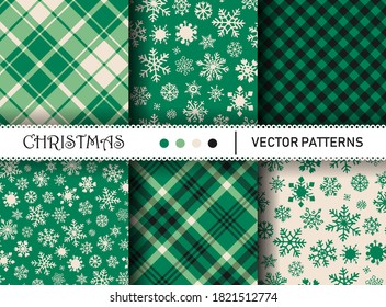 Seamless vector plaid patterns. Set of Christmas tartan gingham patterns. Collection of happy new year traditional backgrounds. For packaging, fabric, textile, cover etc.