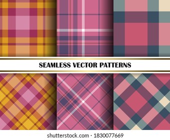 Seamless vector plaid patterns. Set of tartan backgrounds. Collection of stylish geometric designs for fabric, textile, wrapping