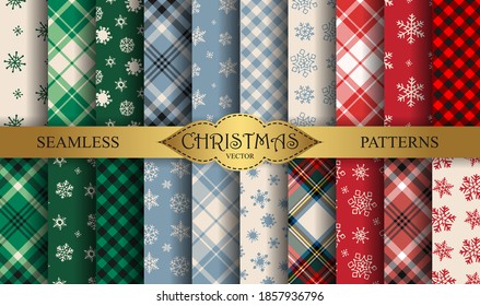 Seamless vector plaid patterns. Set of Christmas tartan gingham patterns. Collection of happy new year traditional backgrounds. For packaging, fabric, textile, cover etc.