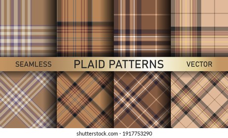 Seamless vector plaid patterns. Set of 8 tartan backgrounds. Collection of stylish geometric designs for fabric, textile, wrapping etc.