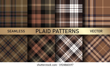 Seamless vector plaid patterns. Set of 8 tartan backgrounds. Collection of stylish geometric designs for fabric, textile, wrapping etc.