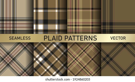 Seamless vector plaid patterns. Set of 8 tartan backgrounds. Collection of stylish geometric designs for fabric, textile, wrapping etc.