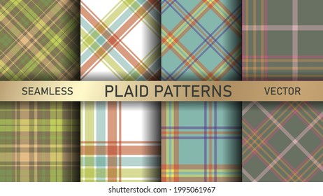 Seamless vector plaid patterns. Set of 8 tartan backgrounds. Collection of stylish geometric designs for fabric, textile, wrapping etc.