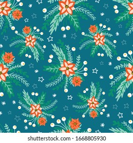 Seamless vector Poinsettia Christmas Flower pattern on a blue background. Flat Scandinavian vintage style abstract florals and leaves. Hand drawn Holiday design for fabric, gift wrap, packaging