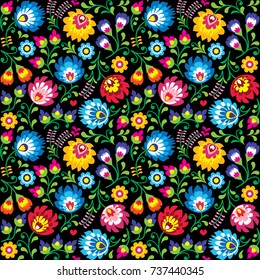 Seamless vector Polish folk art floral pattern - Wzory Lowickie, Wycinanki on black background
 
Repetitive colorful background with flowers - Slavic folk art pattern 