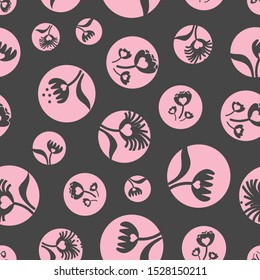 A seamless vector polka dots pattern with floral shapes and hearts in grey and pink. Surface print design.