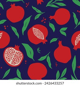 Seamless vector pomegrante fruits pattern with blue background. Vector pomegranate pattern with leaves. 