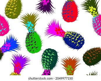 Seamless vector pop art pattern of colorful pineapples randomly scattered on white background.