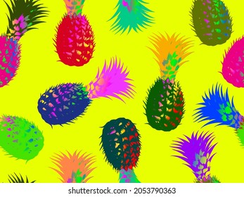Patrón de arte pop vectorial de piña rosa y azul dispersado al azar en fondo azul en el diseño de estilo vaporwave.