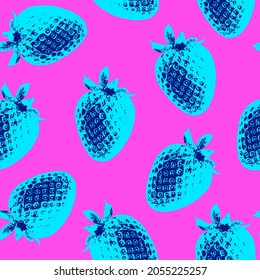 Seamless vector pop art pattern of blue strawberries randomly distributed on light pink background in vaporwave style.