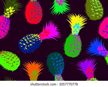 Seamless vector pop art pattern of colorful psychedelic pineapples randomly scattered on dark background in vaporwave style design.