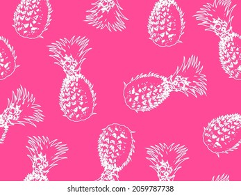 Seamless vector pop art pattern of monochromatic white pineapple randomly scattered on pink background.