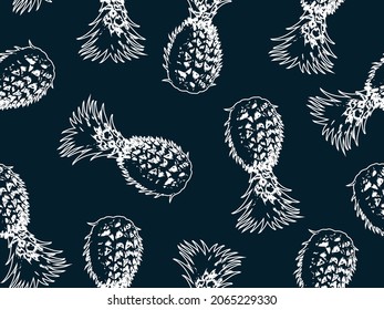 Seamless vector pop art pattern of monochromatic white pineapple randomly scattered on dark blue background.