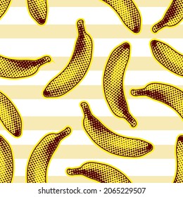 Seamless vector pop art pattern of yellow bananas randomly distributed on white and beige striped background in halftone dot style design.