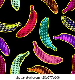 Seamless vector pop art pattern of colorful bananas randomly distributed on black background in halftone dot style design.