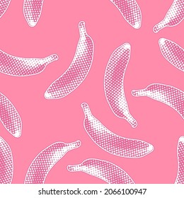 Seamless vector pop art pattern of pink and white bananas randomly distributed on pink background in halftone dot style design.