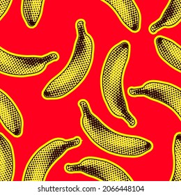 Seamless vector pop art pattern of yellow bananas randomly distributed on red background in halftone dot style design.