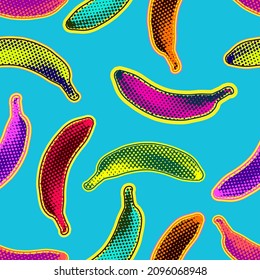 Seamless vector pop art pattern of colorful psychedelic dot halftone bananas randomly scattered on light blue background.