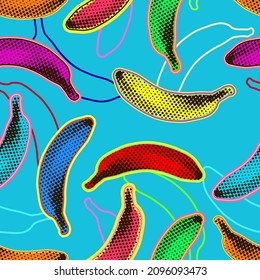 Seamless vector pop art pattern of colorful psychedelic dot halftone bananas and line banana silhouettes randomly scattered on light blue background.