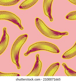 Seamless vector pop art pattern of black dot halftone and yellow bananas randomly scattered on light pink background.