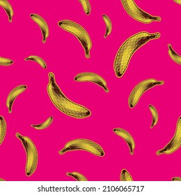 Seamless vector pop art pattern of dot halftone yellow bananas randomly scattered on deep pink background.