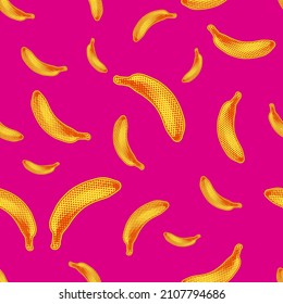 Seamless vector pop art pattern of dot halftone yellow bananas randomly scattered on deep pink background.