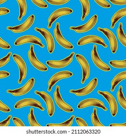 Seamless vector pop art pattern of dot halftone yellow bananas randomly scattered on light blue background.