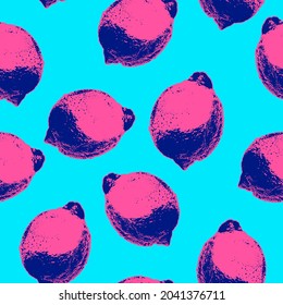 Seamless vector pop art style pattern of pink lemons randomly scattered on light blue background. 