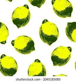 Seamless vector pop art style pattern of yellow lemons randomly scattered on white background.