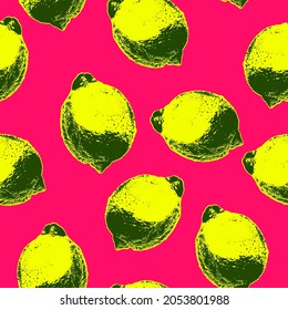 Seamless vector pop art style pattern of yellow lemons randomly distributed on pink background. 