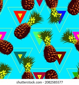 Seamless vector pop art style pattern of screen printing style design pineapples and minimal colored triangle geometric shapes on light blue background. 