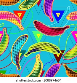 Seamless vector pop art style pattern of dot halftone psychedelic bananas, color line banana silhouettes and minimal triangle geometric shapes on light blue background. 