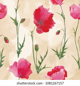 Seamless with vector poppies flowers on beige background that looks like old crumpled paper. For floral design , summer design or something in vintage style.