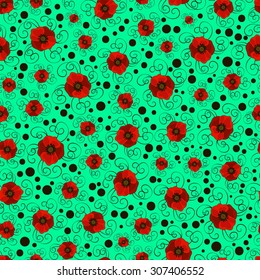 Seamless vector  poppies on a green background