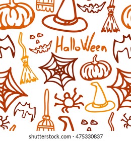 Seamless Vector Postcard on Halloween. Images hats, pumpkins, spider webs, broom, etc .. October Festival. It can be used for packaging, invitations, greeting cards, etc.