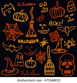 Seamless Vector Postcard on Halloween. Images hats, pumpkins, spider webs, broom, etc .. October Festival. It can be used for packaging, invitations, greeting cards, etc.