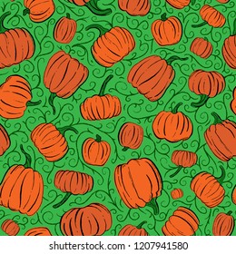 Seamless Vector Pretty Orange and Tangerine Hand Inked Pumpkins on Apple Green with Forest Green Tendrils. Perfect for Parties, Textiles, Home Decor, Scrapbooking, Invitations, Stationery, and Fabric.