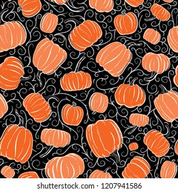 Seamless Vector Pretty Orange and Tangerine Hand Inked Pumpkins on Black with Gray Tendrils. Perfect for Parties, Textiles, Home Decor, Scrapbooking, Invitations, Stationery, and Fabric.