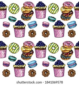 Seamless vector print of baked goods, cookies and coffee. Bretzeli, cupcakes, macaroons, buns, hot cappuccino.