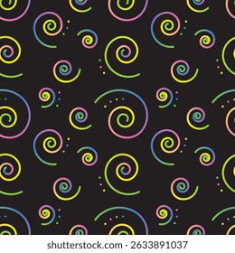 seamless vector Print Bright neon swirl pattern on black background with colorful abstract spiral elements for futuristic digital designs and party styles