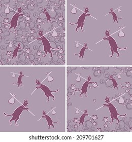 Seamless vector print in a children's cartoon style with cats and paw prints