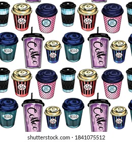 Seamless vector print of coffee, cookies and pasta. Bretzeli, cupcakes, macaroons, buns, hot cappuccino.