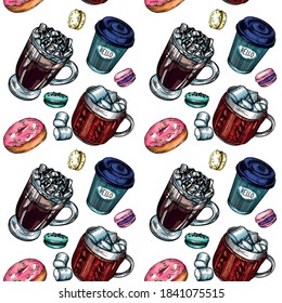 Seamless vector print of coffee, cookies and pasta. Bretzeli, cupcakes, macaroons, buns, hot cappuccino.