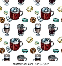 Seamless vector print of coffee, cookies and pasta. Bretzeli, cupcakes, macaroons, buns, hot cappuccino.