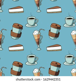 Seamless vector print with coffee-to-go, cheesecake, cup of herbal tea or fresh black coffee. Flat illustration in hand drawn style with paper cup and cocktail glass. Concept of party, food background