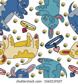 Seamless vector print. Cute bright hand-drawn dogs. Ideal for paper, souvenir and textile industries.