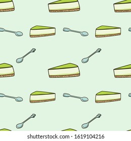 Seamless vector print with cute matcha cheesecakes and teaspoons. Yummy dessert pattern with cake and spoon, Flat illustration on mint background in hand drawn style. Packaging for cafeteria, café