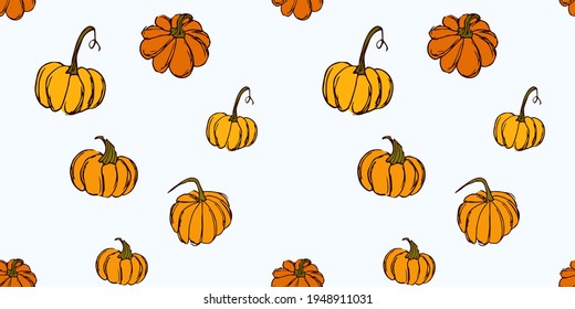 Seamless vector print with cute pumpkins for fabric, wrapping paper or wallpaper. Vegetable autumn background.